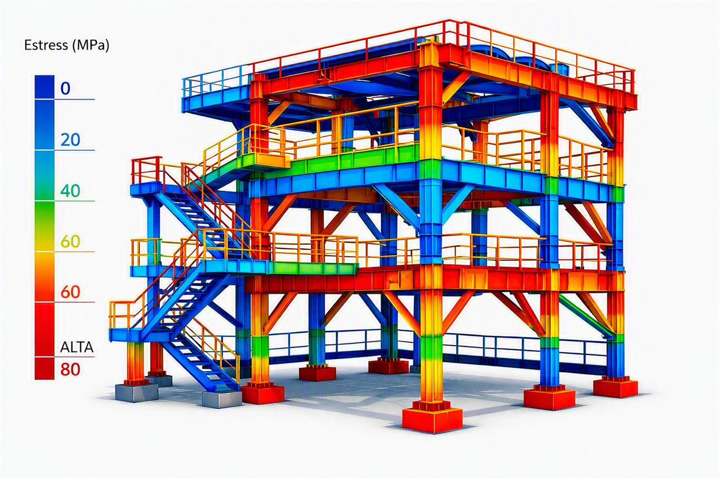 Análisis de elementos finitos (FEA) de una estructura industrial de acero, con mapa de esfuerzos por color